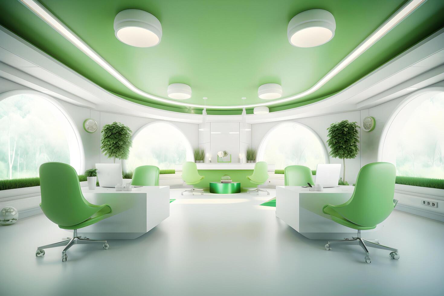 moderno futurista interior oficina diseño con calentar tonos de verde. futurista conferencia habitación interior. lugar de trabajo y corporativo concepto. 3d representación, generativo ai ilustración foto