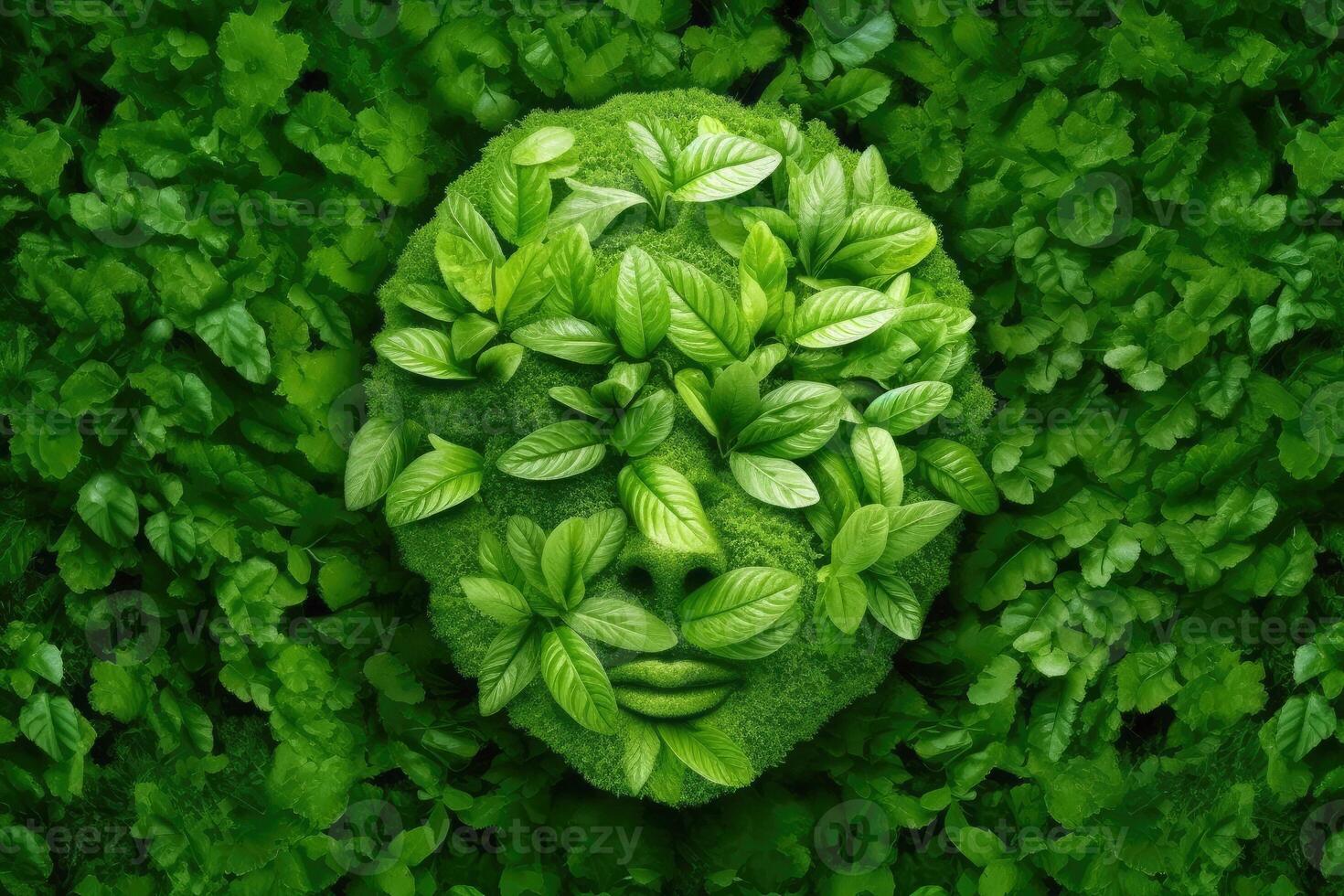 Abstract environment conservation leaves art style of green nature and eco friendly concept idea. plants with leaves forming brain, illustration photo