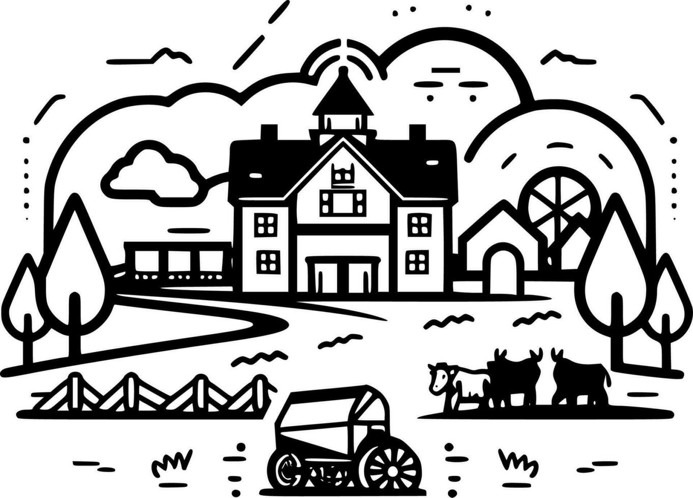 Farm, Black and White Vector illustration