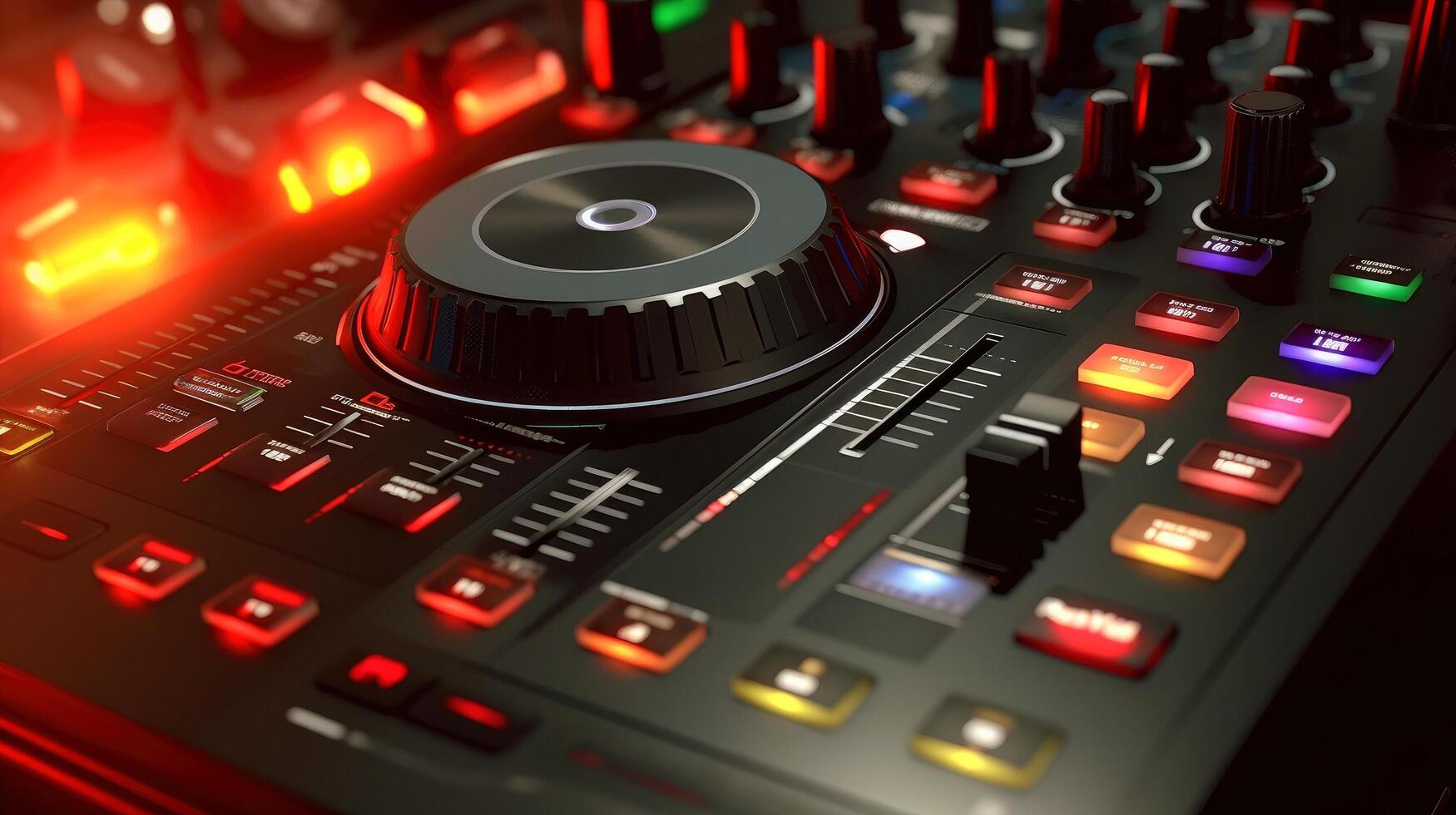 Sound panel for working in the studio and on TV projects. Close-up of the Mixing console. mixing knobs. mix musical tracks on techno party in night club. blurred concept, illustration photo