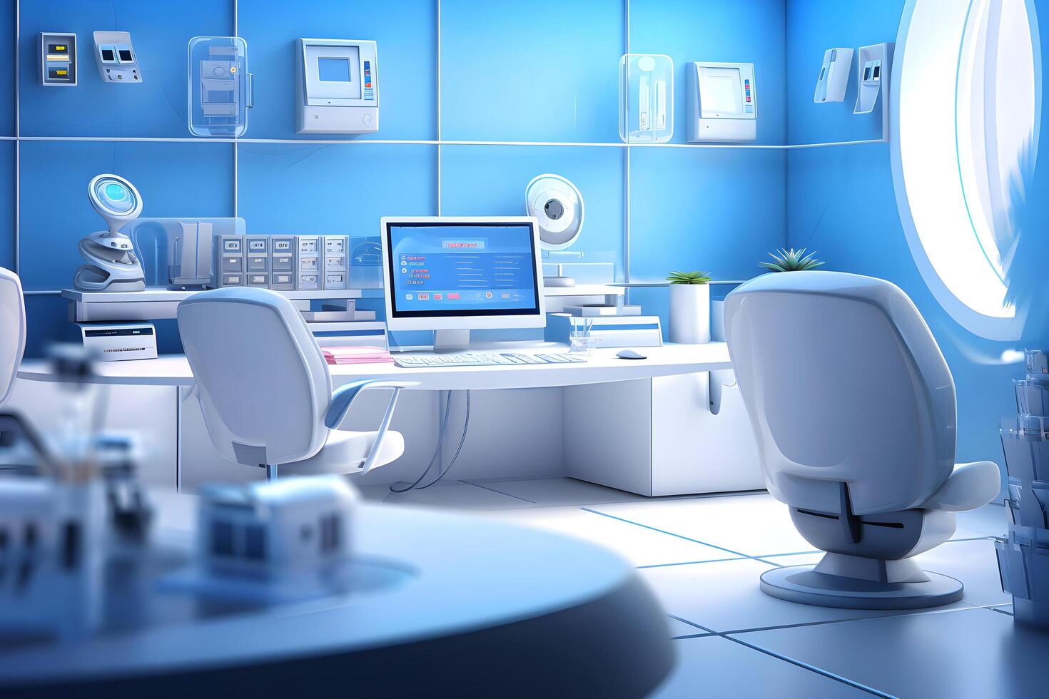 Modern sci-fi futuristic interior office design. Futuristic conference room interior. Workplace and corporate concept. illustration photo