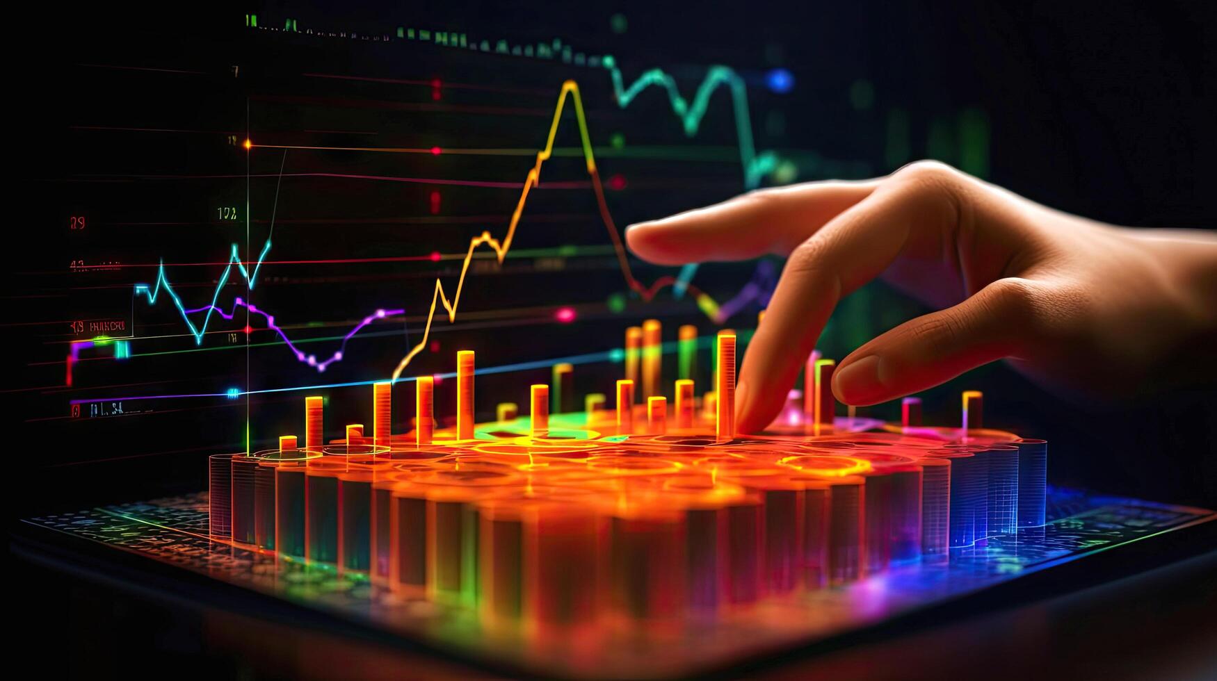 Businessman hand using digital tablet and showing a growing virtual hologram of statistics, graph and chart with arrow up on dark background. blurred concept, illustration photo
