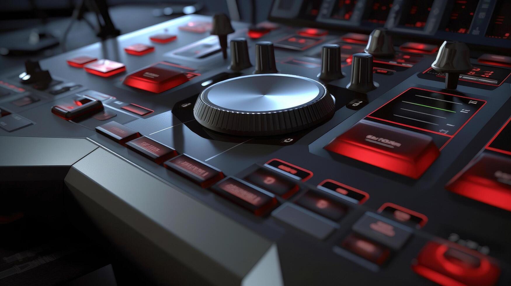 Sound panel for working in the studio and on TV projects. Close-up of the Mixing console. mixing knobs. mix musical tracks on techno party in night club. blurred concept, illustration photo