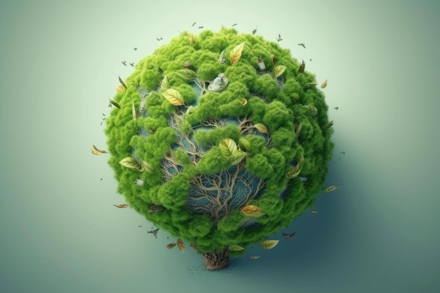 Abstract environment conservation leaves art style of green nature and eco friendly concept idea. plants with leaves forming brain, illustration photo