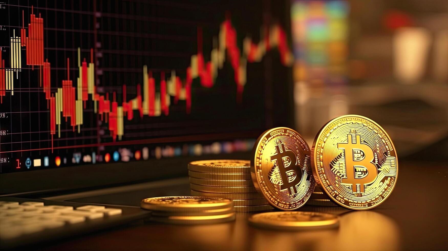 Gold coin with bitcoin symbol on candlestick chart background, dark, bokeh, blurred concept, illustration photo