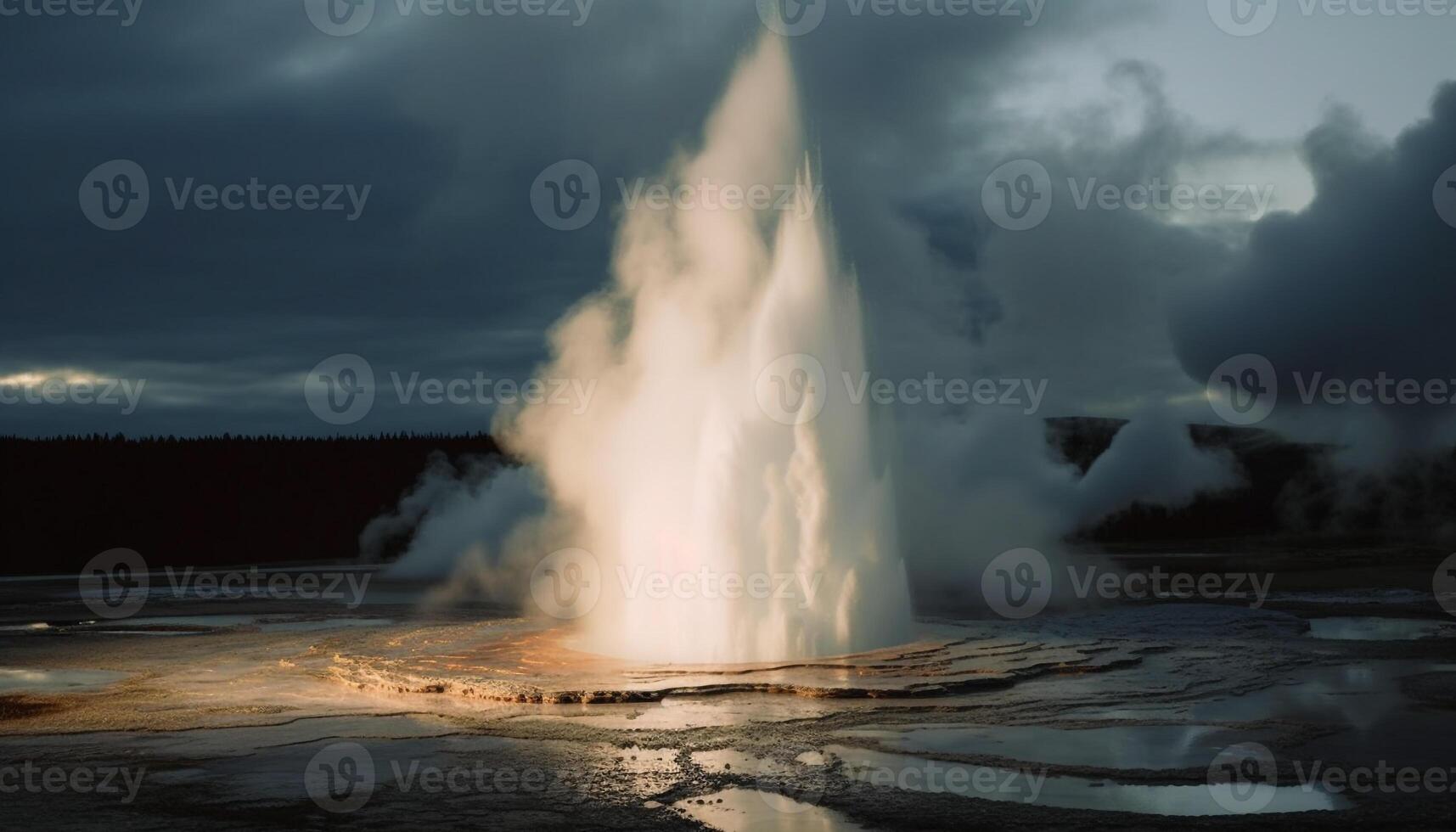 Boiling geyser erupts in beautiful nature scenery generated by AI photo