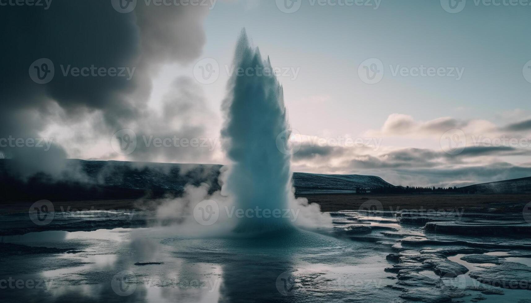 Boiling geyser erupting, majestic mountain range reflection generated by AI photo