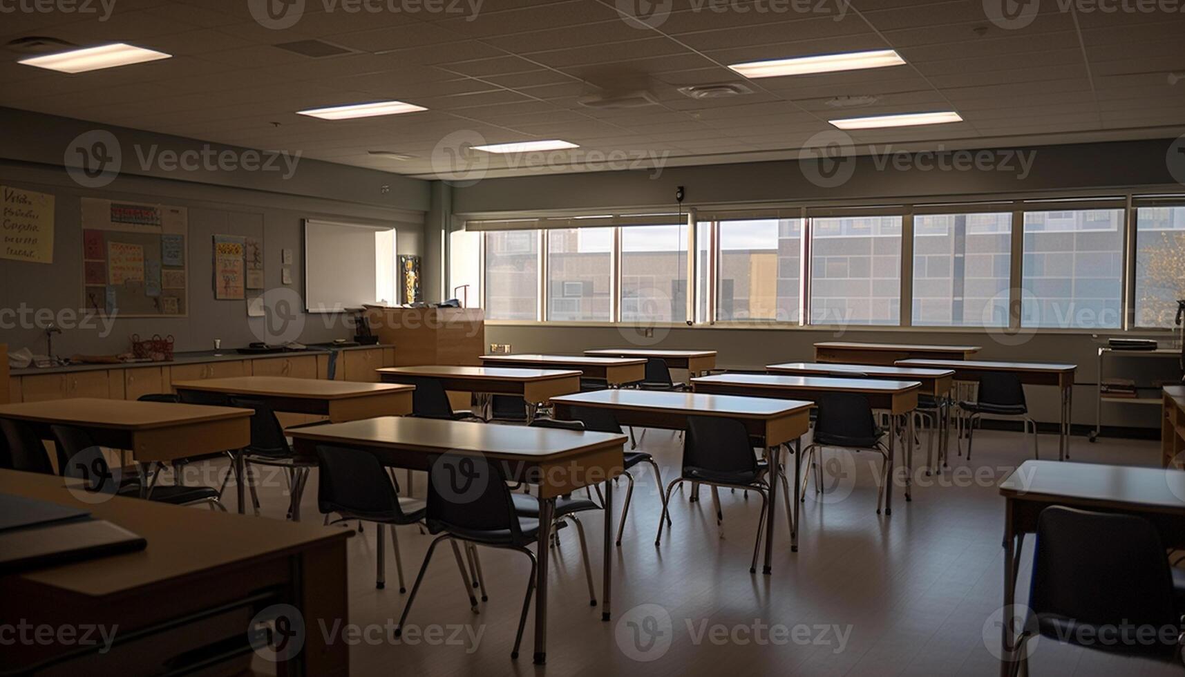 Empty classroom with modern chairs and tables generated by AI photo