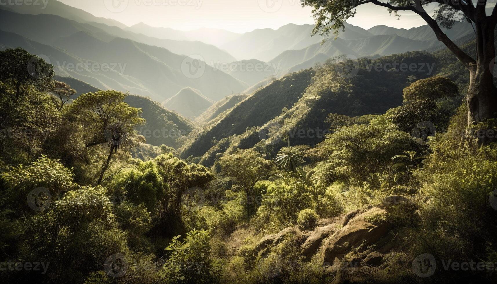 Majestic mountain range in the autumn sun generated by AI photo