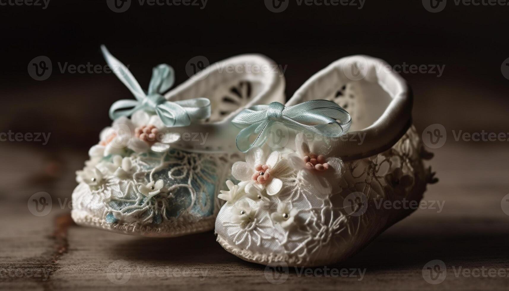 Rustic wedding table decor shoes, souvenir, flower generated by AI photo