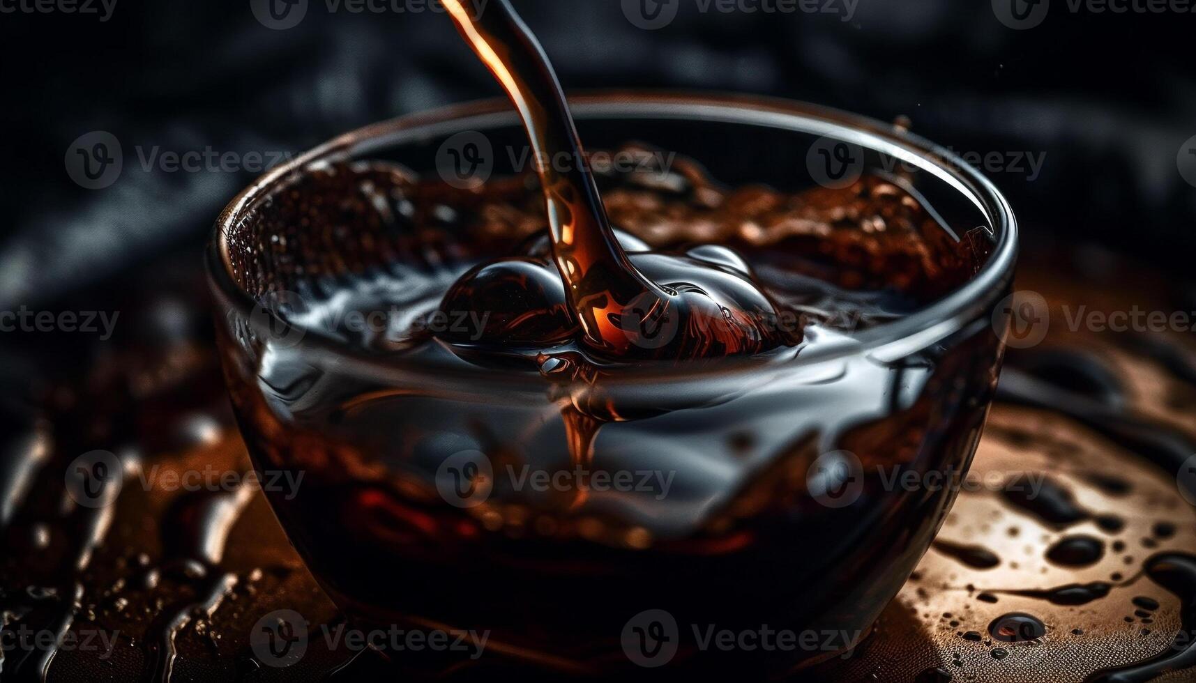 Sweet chocolate dessert spilling onto wooden table generated by AI photo