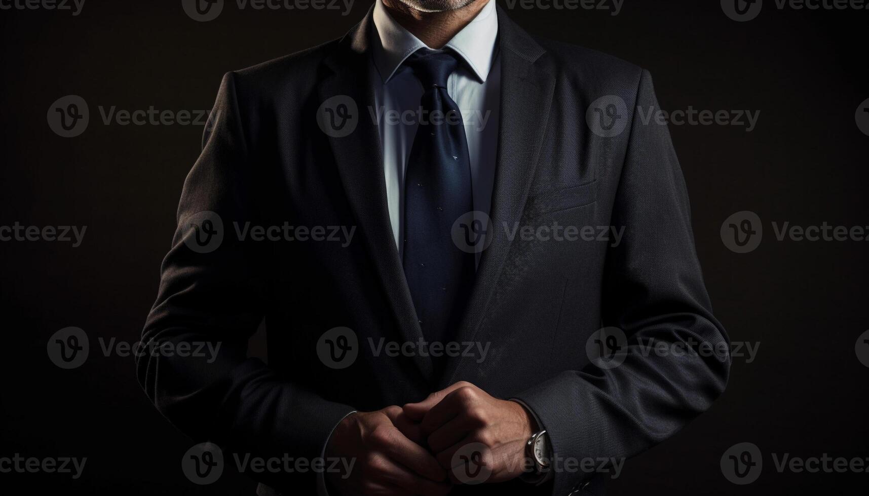 Confident businessman holding jacket, standing on black background generated by AI photo