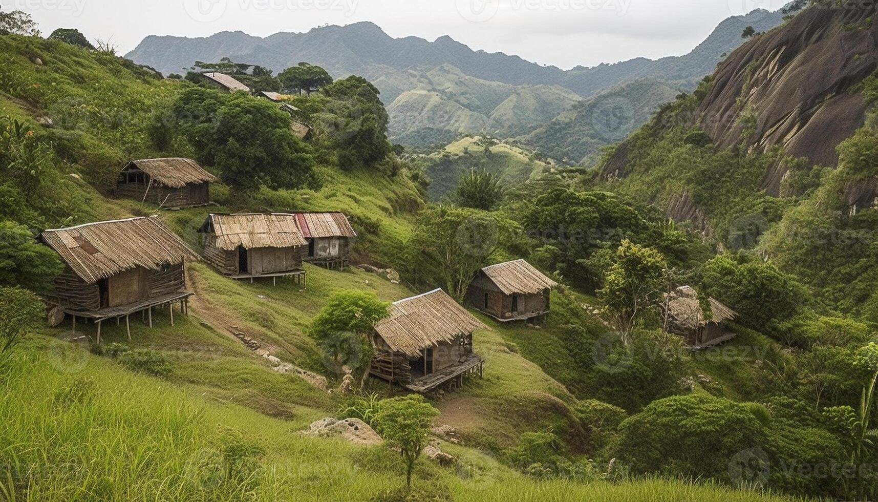 Rustic hut amidst green rice paddy field generated by AI photo