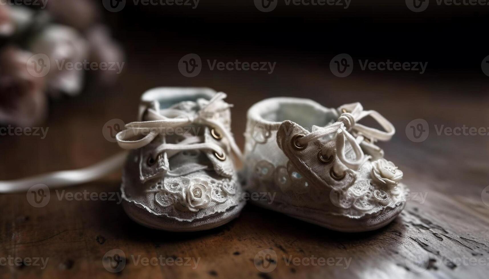 Rustic baby booties on worn wooden table generated by AI photo