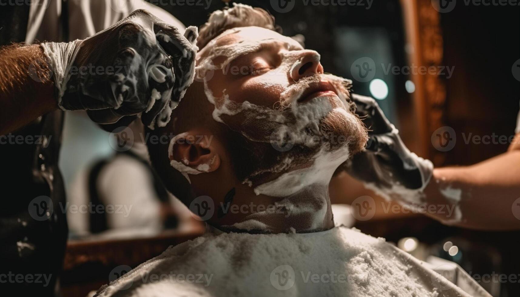 Two male customers enjoy expert barber skills generated by AI photo