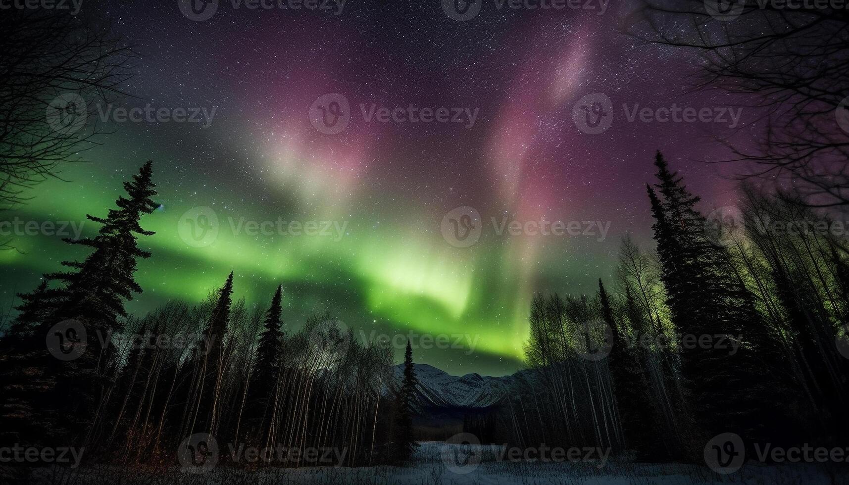 Majestic mountain range illuminated by star trail generated by AI photo