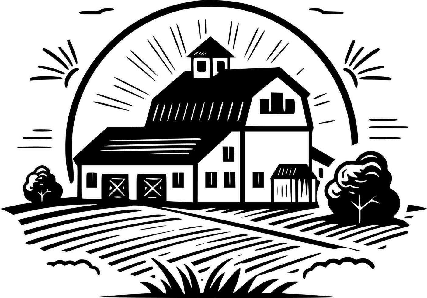 Farm, Black and White Vector illustration