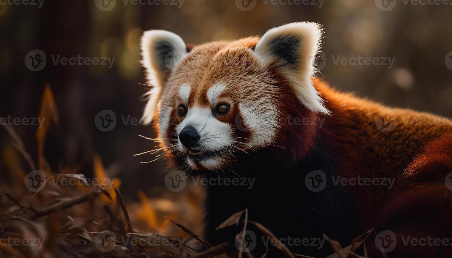 Cute panda sitting on branch, looking at camera generated by AI photo