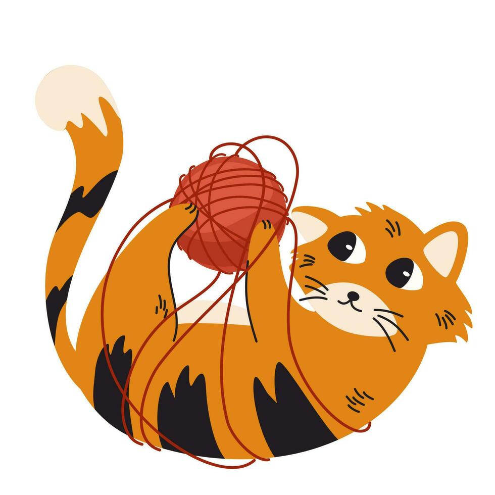 Cat plays with a ball of thread. Happy cute laying on the black cat character with red ball of wool yarn. Funny friendly domestic animal, pet. Vector flat illustration isolated on the white background