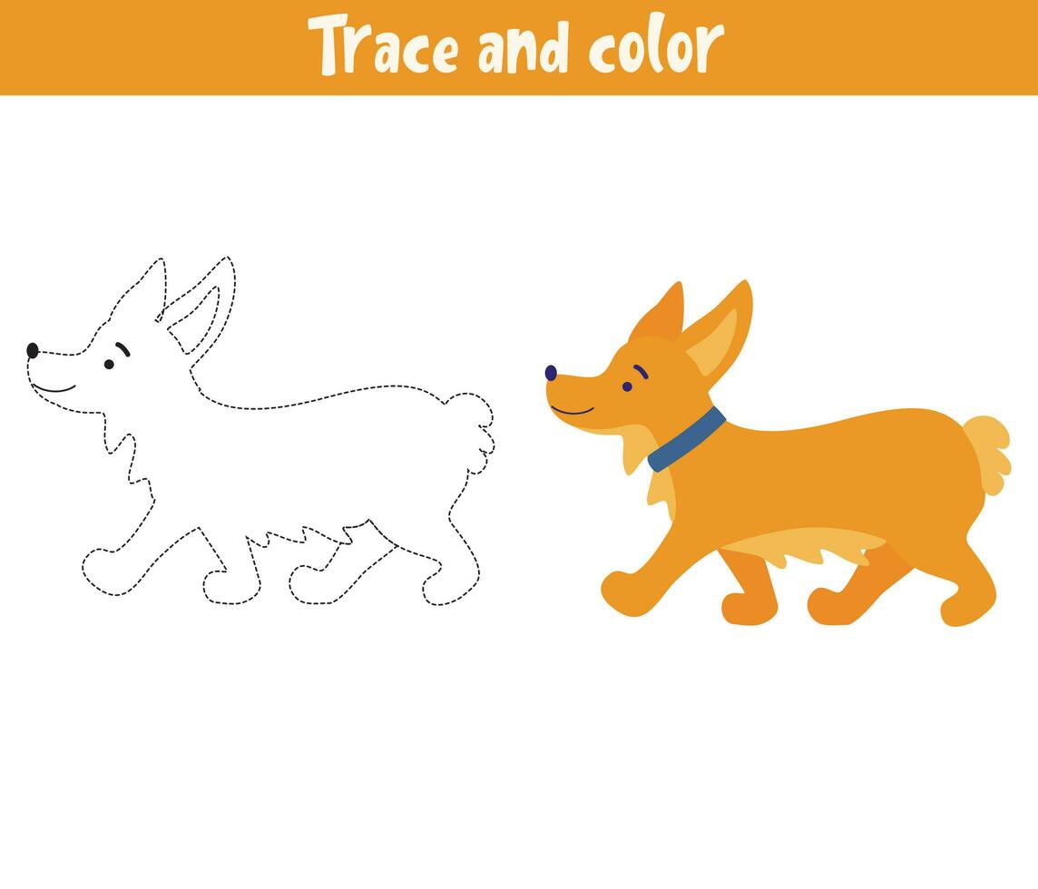 Trace and color cartoon vector dog. Educational coloring page. Handwriting practice for preschoolers.