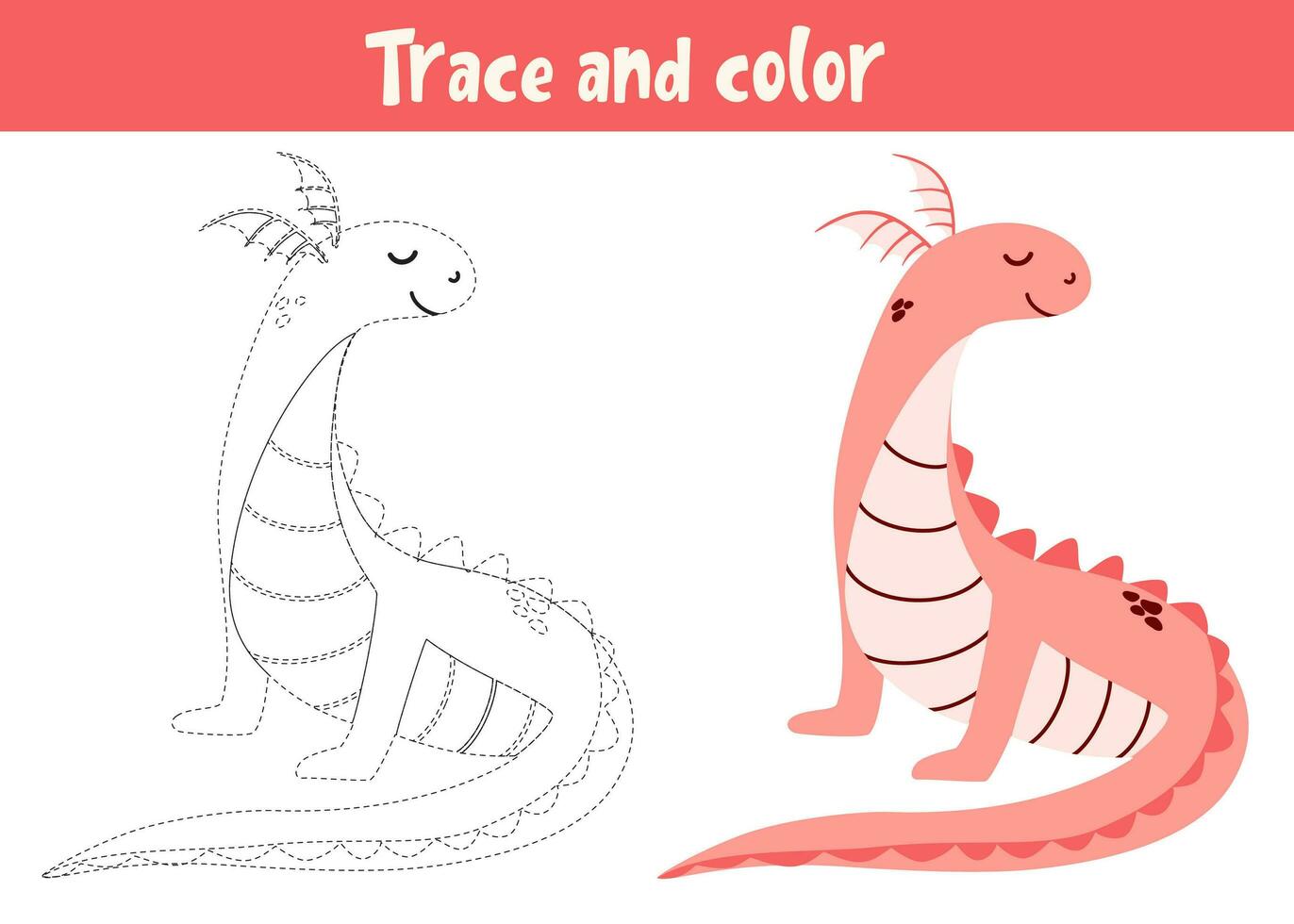 Trace and color cartoon vector dragon. Educational coloring page. Coloring book with cute dinosaur. Handwriting practice for preschoolers.