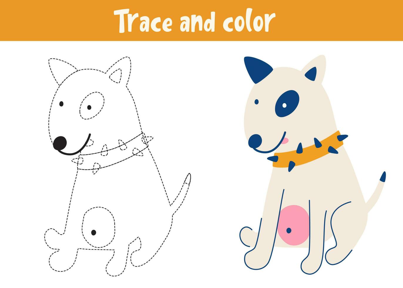 Trace and color cartoon vector dog. Educational coloring page. Handwriting practice for preschoolers.