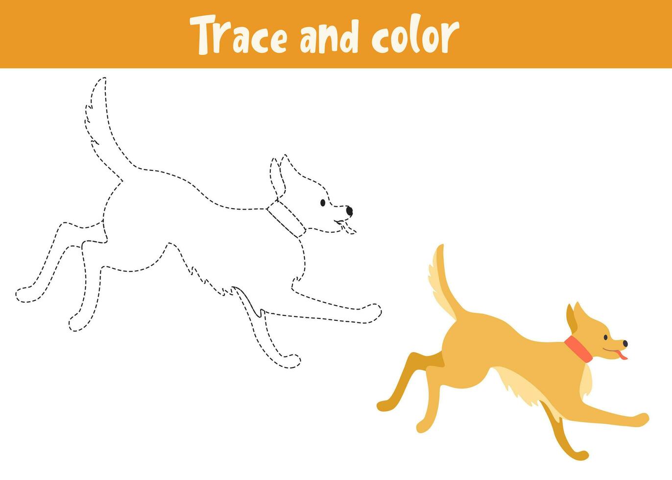 Trace and color cartoon vector dog. Educational coloring page. Handwriting practice for preschoolers.