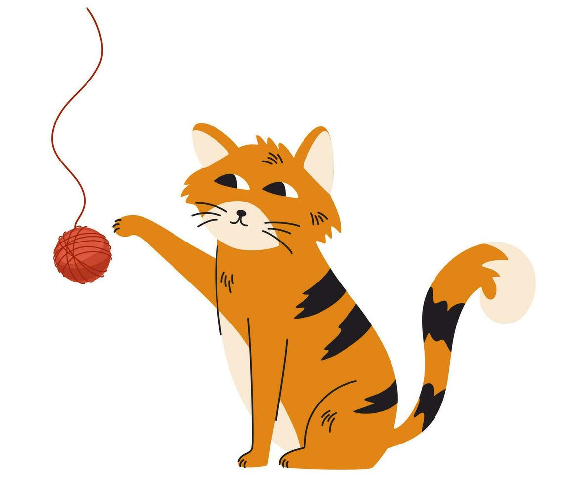 Ginger cat plays with a ball of thread. Lovely kitten. Funny friendly domestic animal, pet. Childish Vector flat illustration isolated on the white background.