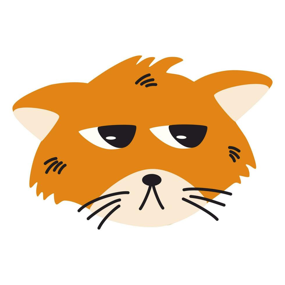 Offended Ginger Cat muzzle. Funny friendly domestic animal, pet. Childish Vector flat illustration isolated on the white background.