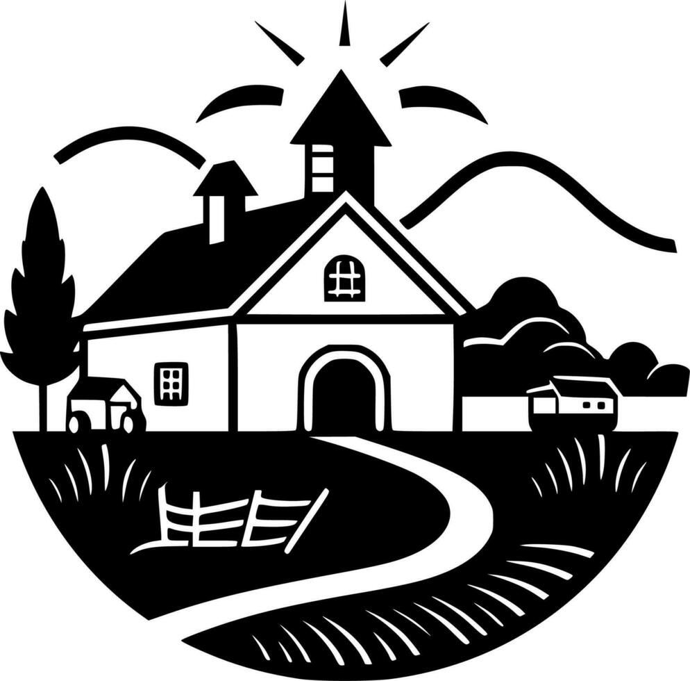 Farm, Black and White Vector illustration