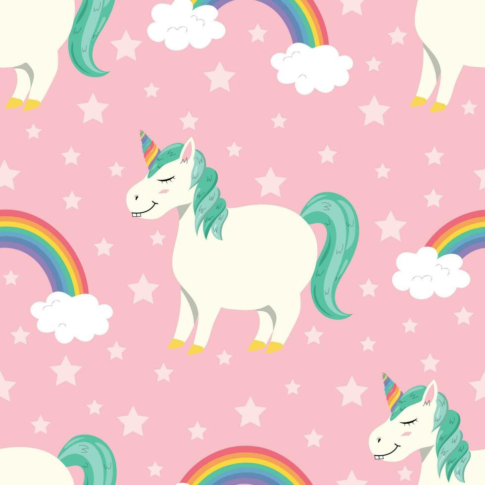 Seamless pattern with cute fat unicorn. vector