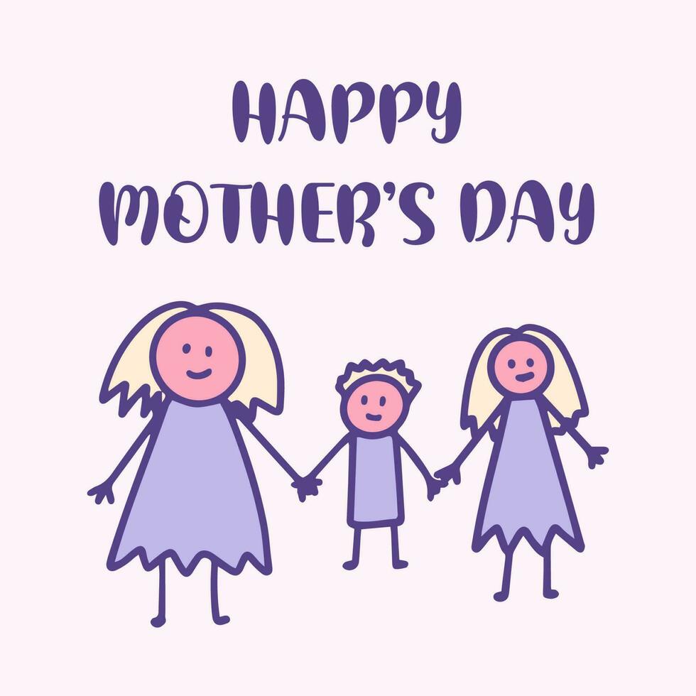 Happy Mother's Day greeting card, Child Holding Mother's hand kids doodle drawing.  Family of two mom vector illustration.