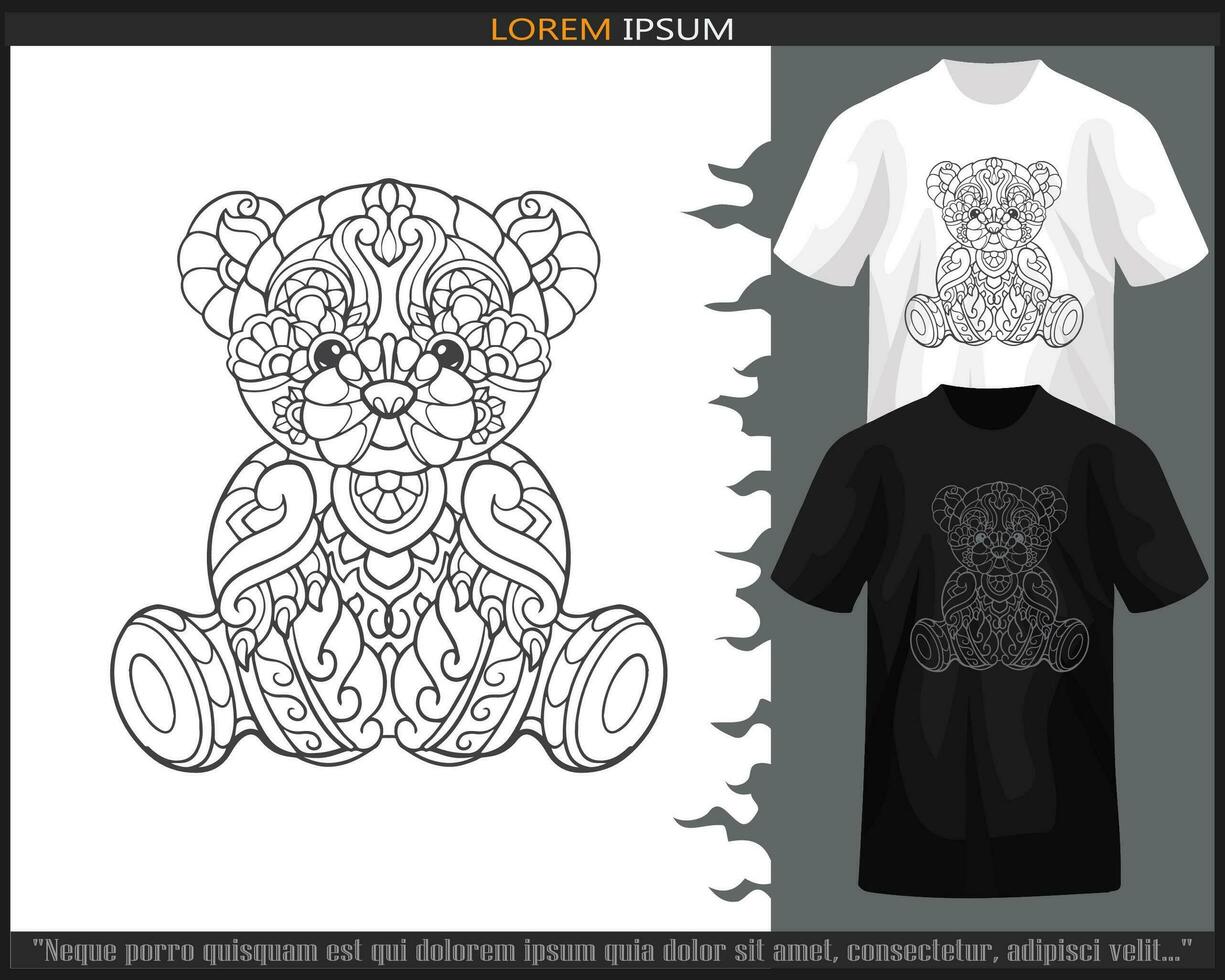 teddy bear mandala arts isolated on black and white t-shirt. vector