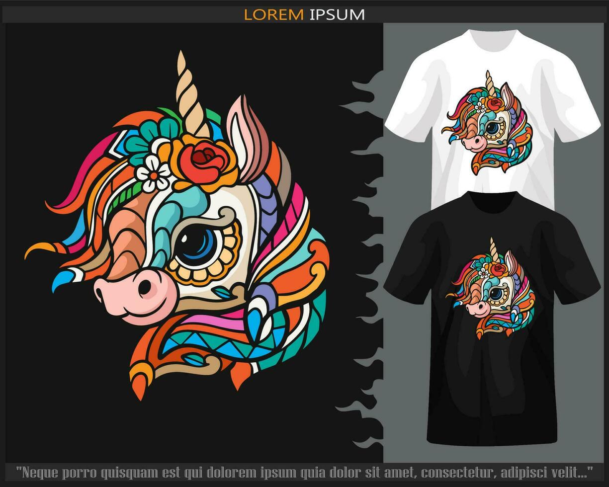 Colorful unicorn head mandala arts isolated on black and white t shirt. vector