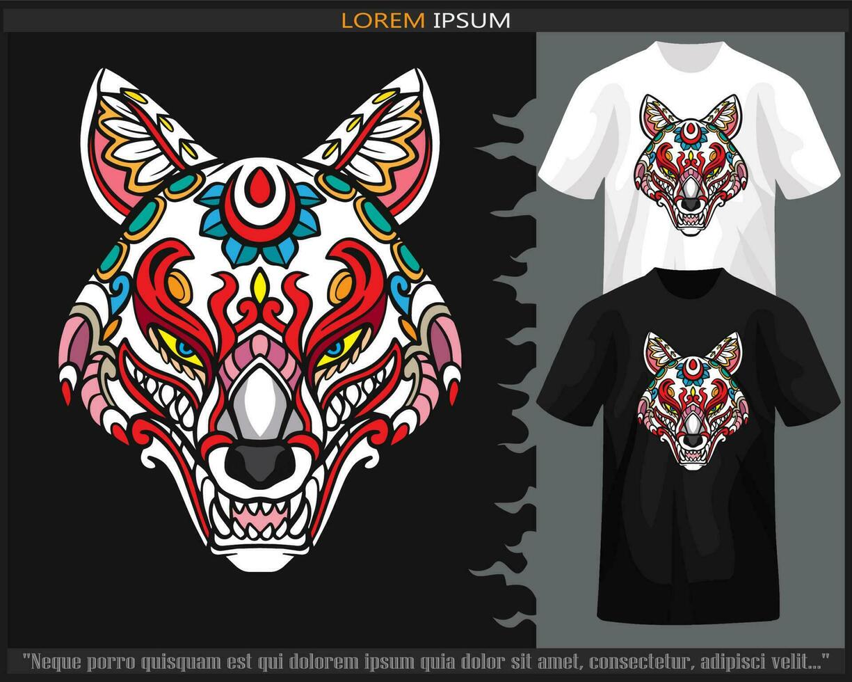 vistoso kitsune cabeza mandala letras aislado en negro y blanco t camisa. vector