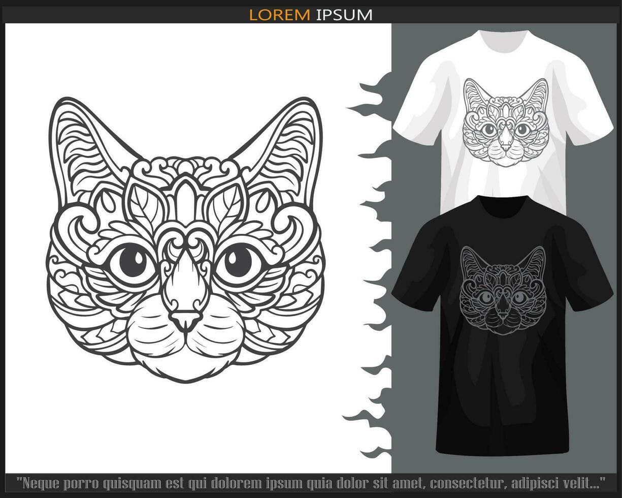 Cat head mandala arts isolated on black and white t-shirt. vector