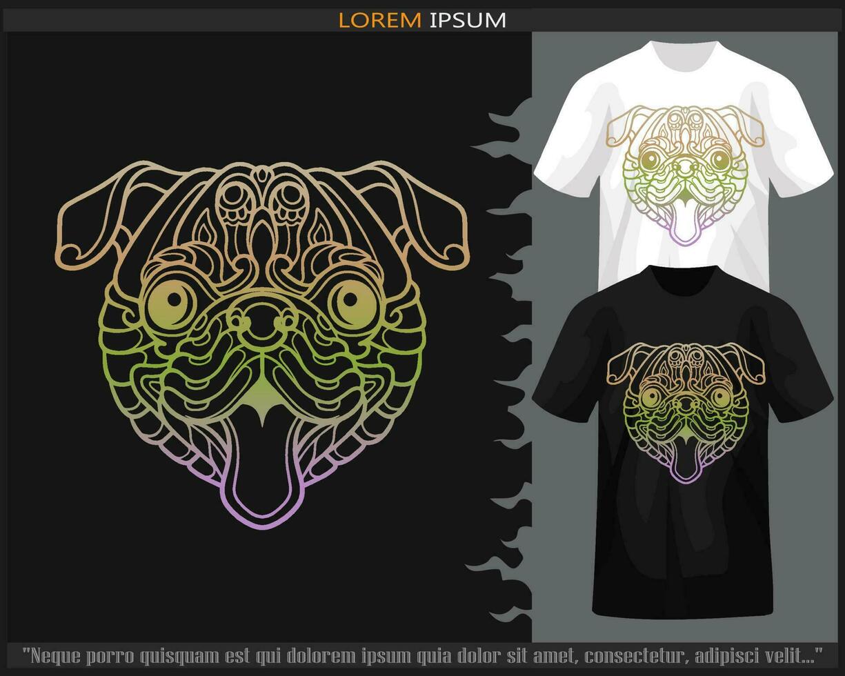 Gradient Colorful Pug dog head mandala arts isolated on black and white t shirt. vector