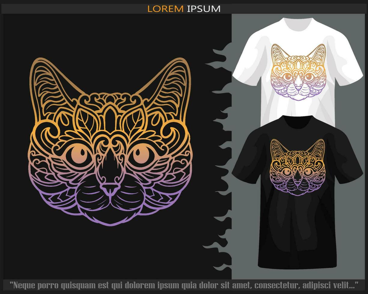 Gradient Colorful cat head mandala arts isolated on black and white t shirt. vector