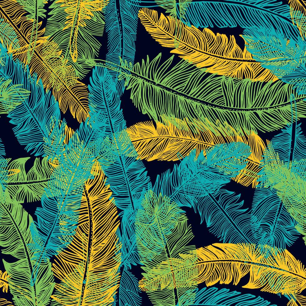 Hand drawn seamless pattern of feathers. Color of brazil flag. vector