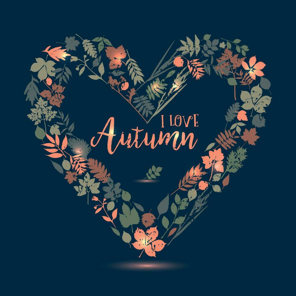 I love autumn. Vector design illustration with heart. Autumn leaves set.