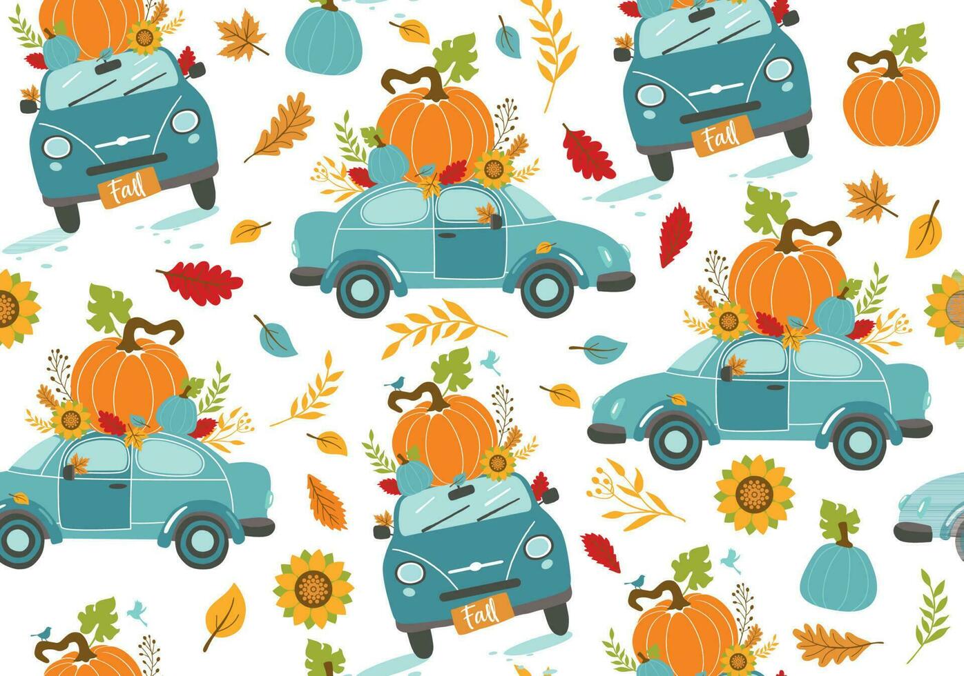 sin costura modelo otoño saludo tarjeta con coche y calabaza, que cae hojas y texto Hola otoño . antecedentes para otoño estación. póster con transporte y floral elementos. cosecha hora vector