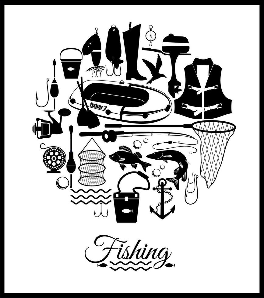 Black Fishihg icon set on white. vector