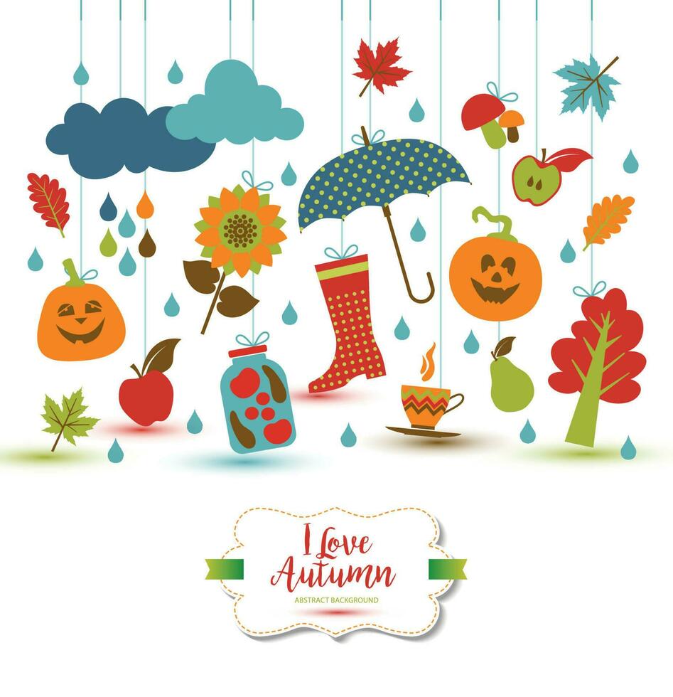 Autumn illustration with flat icons. Bright vector background about fall.