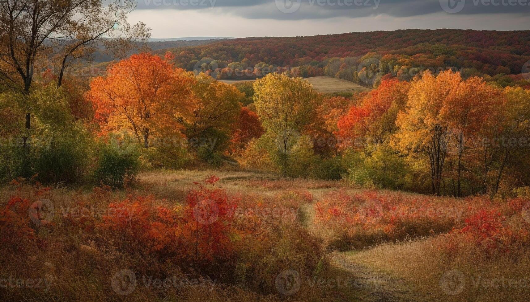 vibrante otoño paisaje, tranquilo prado, vistoso arboles generado por ai foto