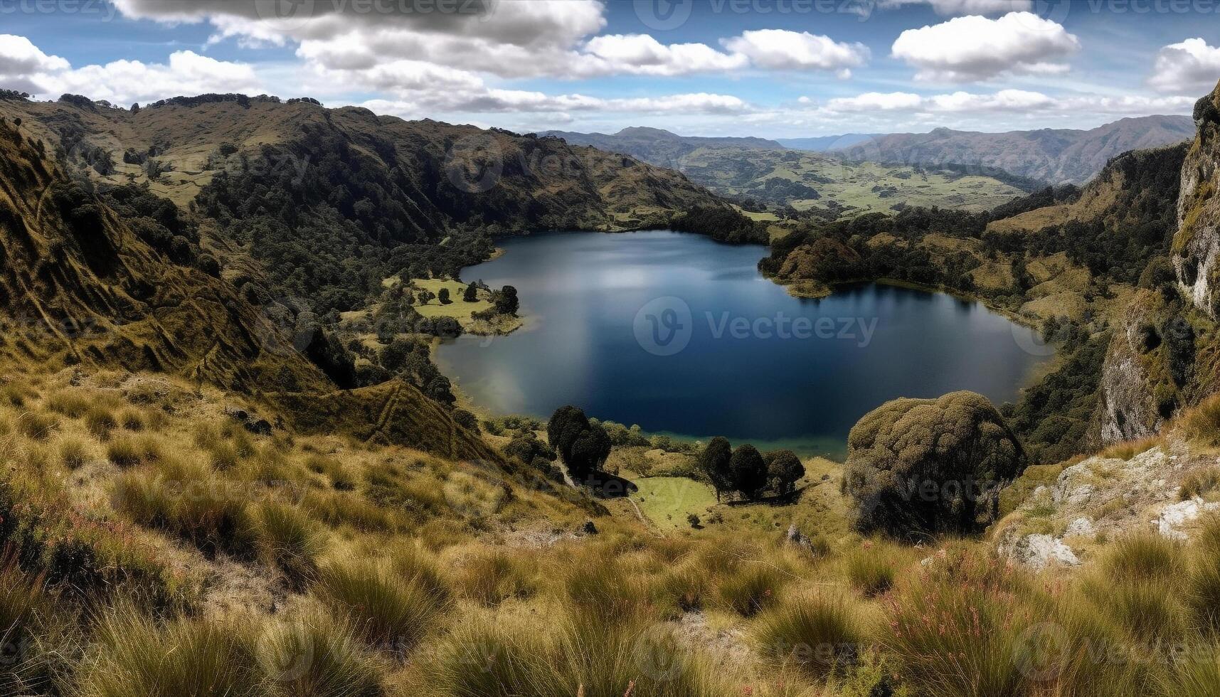 majestuoso montaña rango refleja en tranquilo agua generado por ai foto