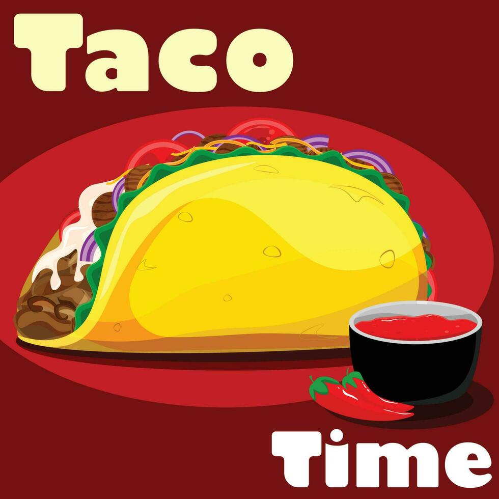 Vector Illustration of a Traditional Mexican Taco with Chili Sauce on the Side -Vector Illustration