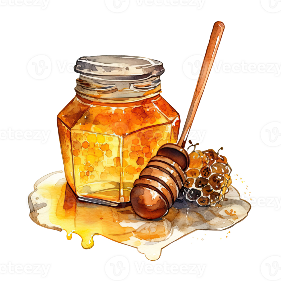 Watercolor honey jar with spoon. Illustration png