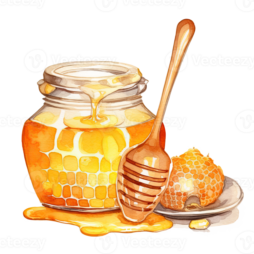 Watercolor honey jar with spoon. Illustration png