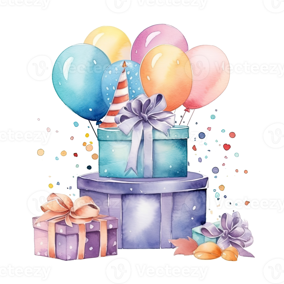 Watercolor Happy Birthday Gift Boxes with Balloons. Illustration png