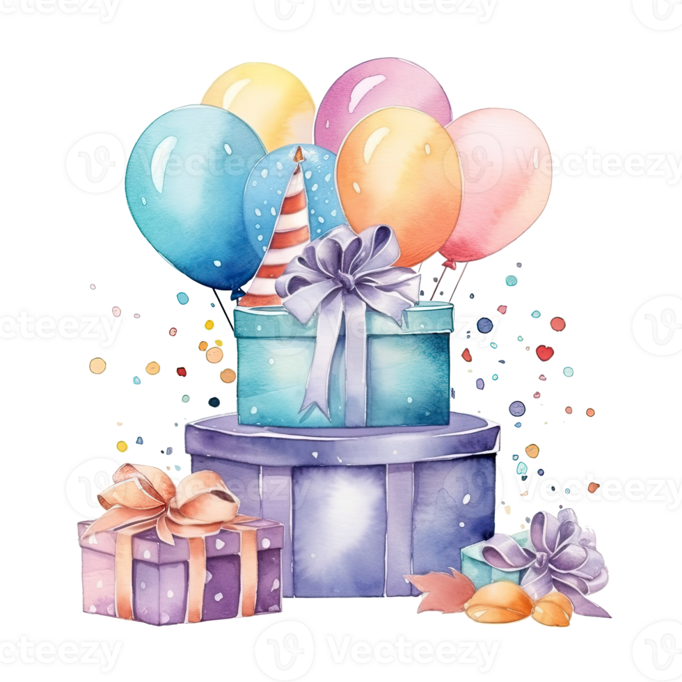 acuarela contento cumpleaños regalo cajas con globos ilustración ai generativo png